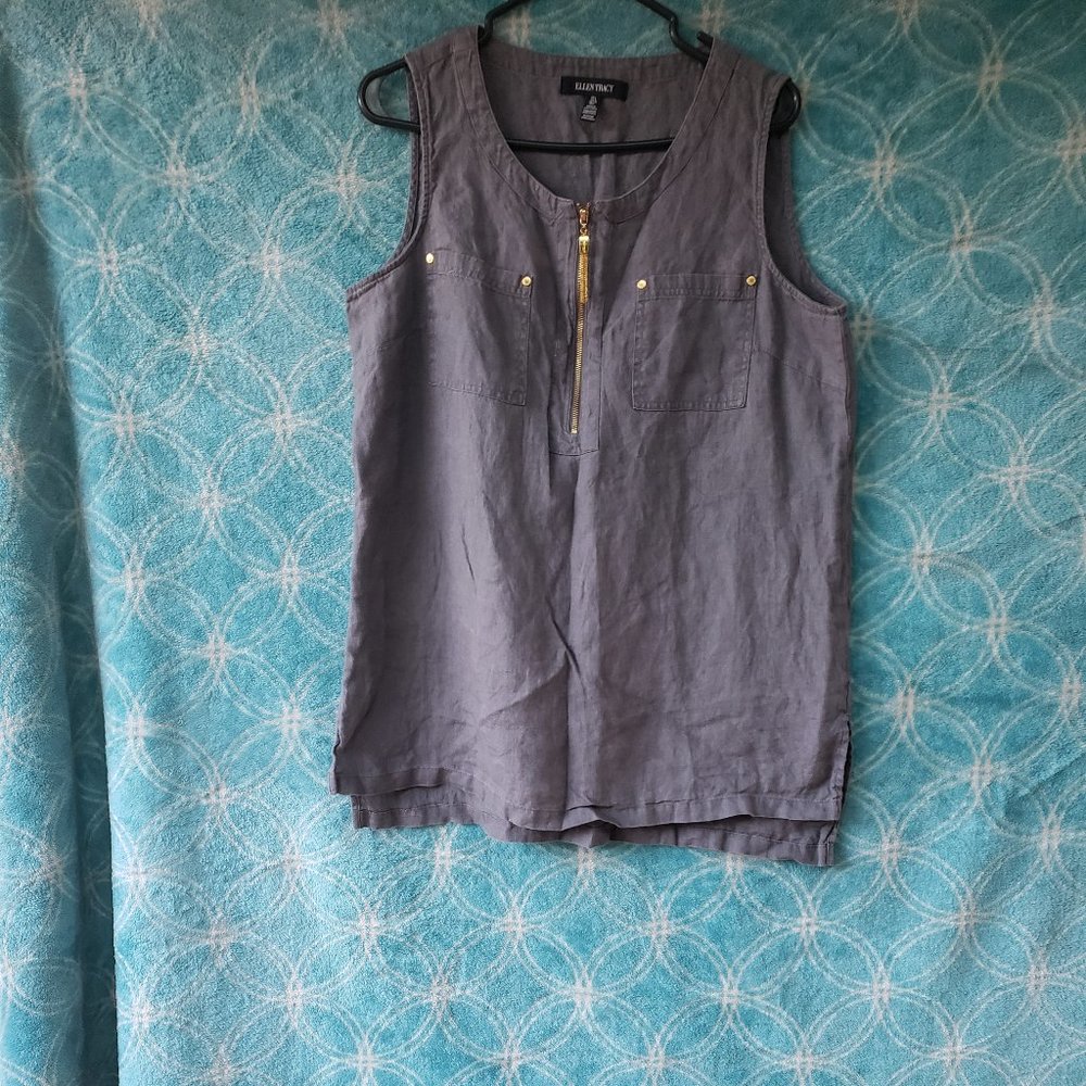 ELLEN TRACY Pure Linen S/Sleeve Highlow Shell Tunic +measurement L  grey